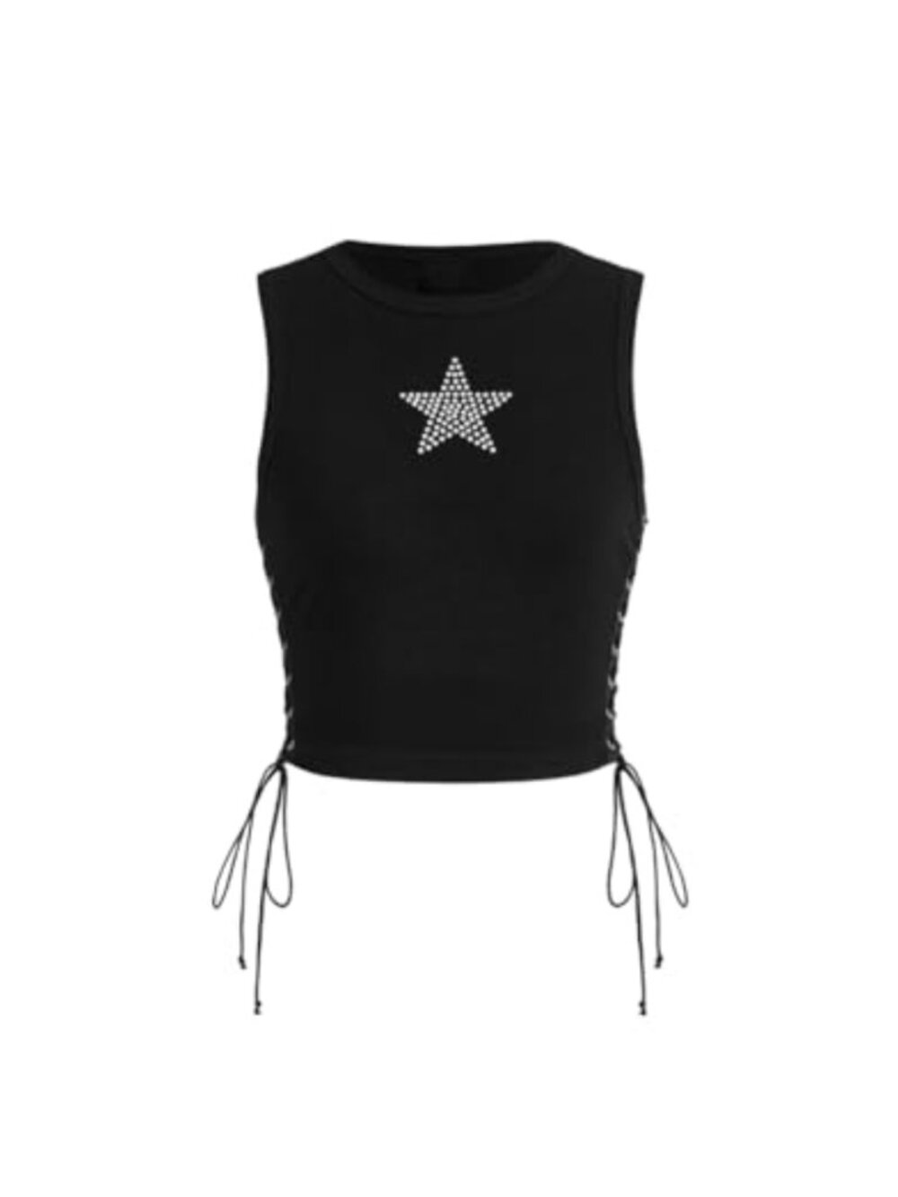 Sleeveless Ribbed Knit Star Crop Tank Top Rhinestone Lace Up